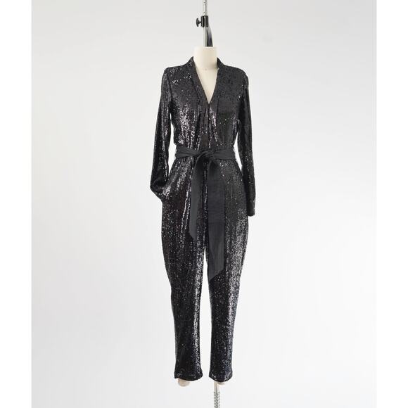 Express Black Sequin Long Sleeve Jumpsuit with Tie Belt and Pockets size S - Picture 4 of 9